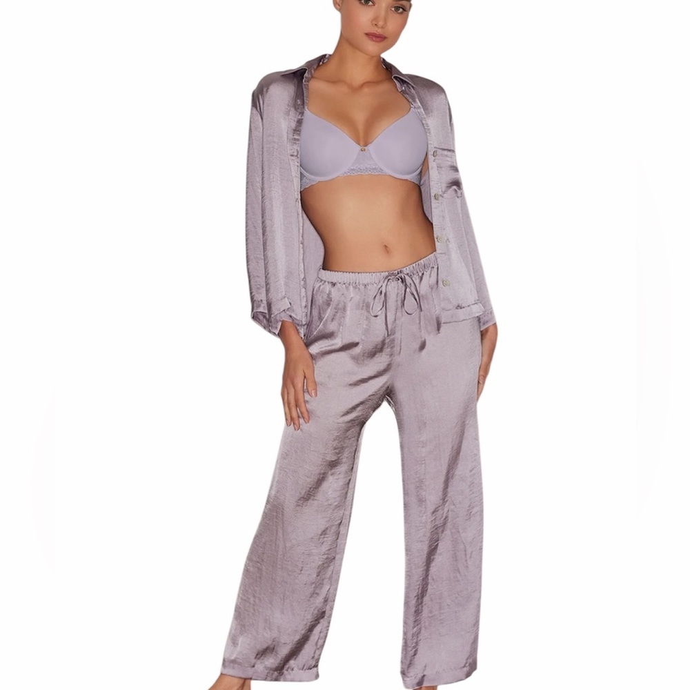 Natori Satin Gray Lilac Lounge Pants Elastic Drawstring Waist Feminine Luxury